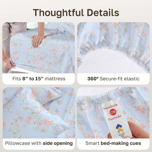 California Design Den Twin XL Bed Sheets Set - 100% Cotton, 400 Thread Count, Smooth Sateen Finish, Floral Blue/Pink