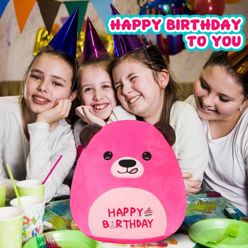 Mushymallow 12” Birthday Bear Plush Pillow Hot Pink Happy Birthday Pillow Soft Cute Bear Plush Toy Stuffed Animal Gifts for Kids