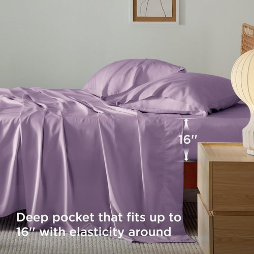 Bedsure Full Size Cooling Bed Sheets - Breathable Rayon from Bamboo, Deep Pocket Up to 16 Inches, Lilac