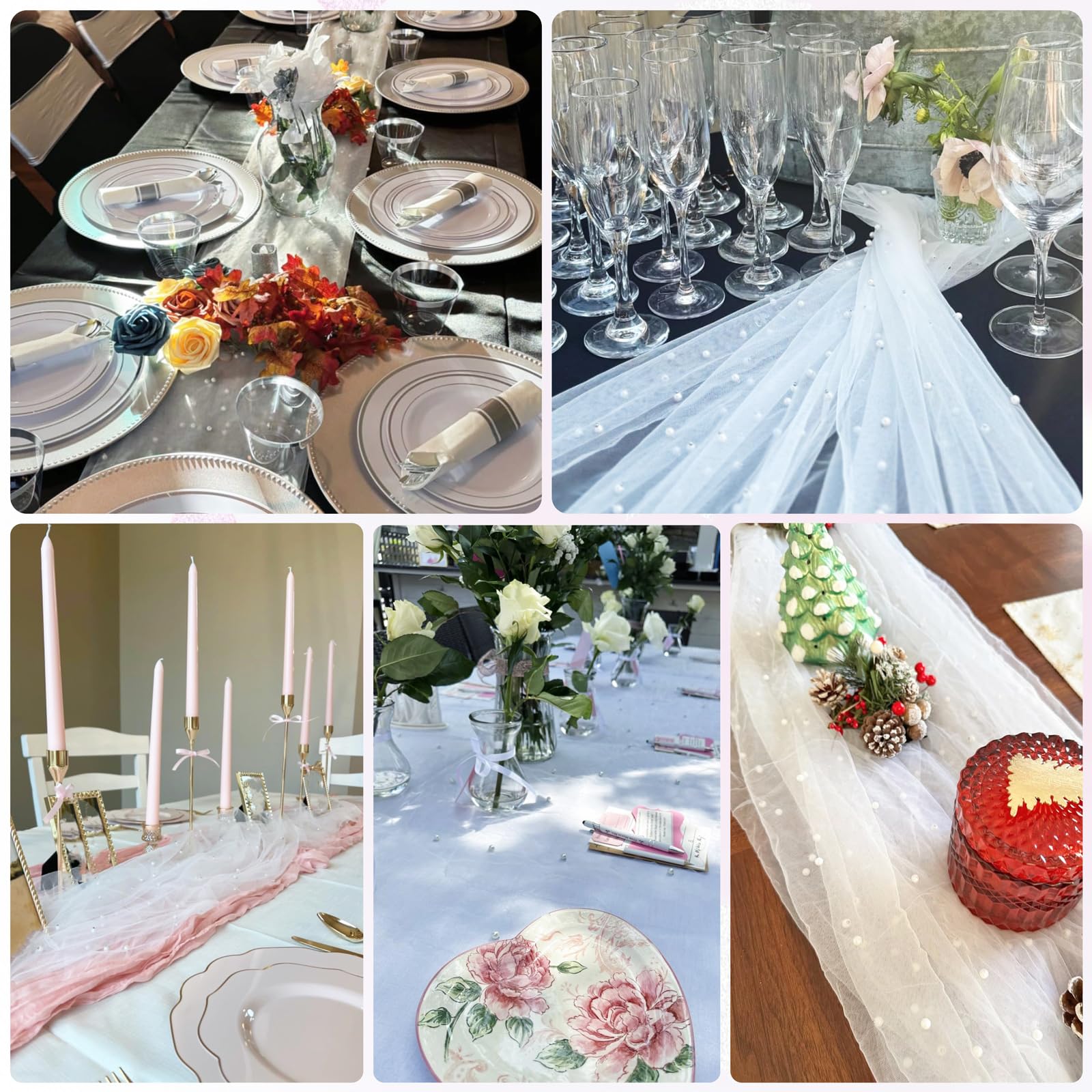 TuTive Gauze White Pearl Table Runner 10FT Sheer Spring Summer Pearl 120 Inch Valentine’s Day Tulle Table Runner for Dining Anniversary Wedding Table Decor for Home Party Decorations