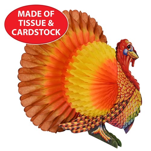 Beistle Tissue and Paper Turkey Centerpiece for Thanksgiving Decorations-Autumn Fall Harvest Home Décor, 12", Brown/Red/Orange/Yellow