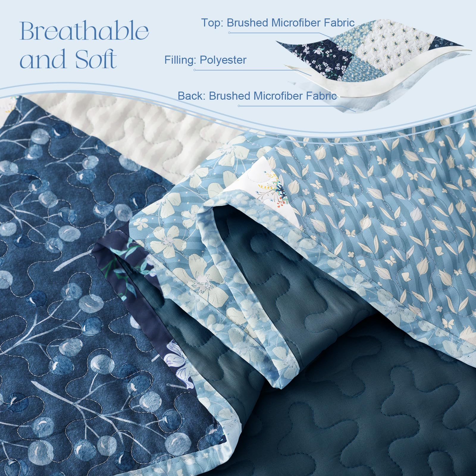 Exclusivo Mezcla Reversible Boho Quilts Twin Size, Blue Bedspreads Lightweight Coverlet All Season Patchwork Quilt Bedding Set with Printed Floral Pattern (1 Quilt, 1 Pillow Sham)