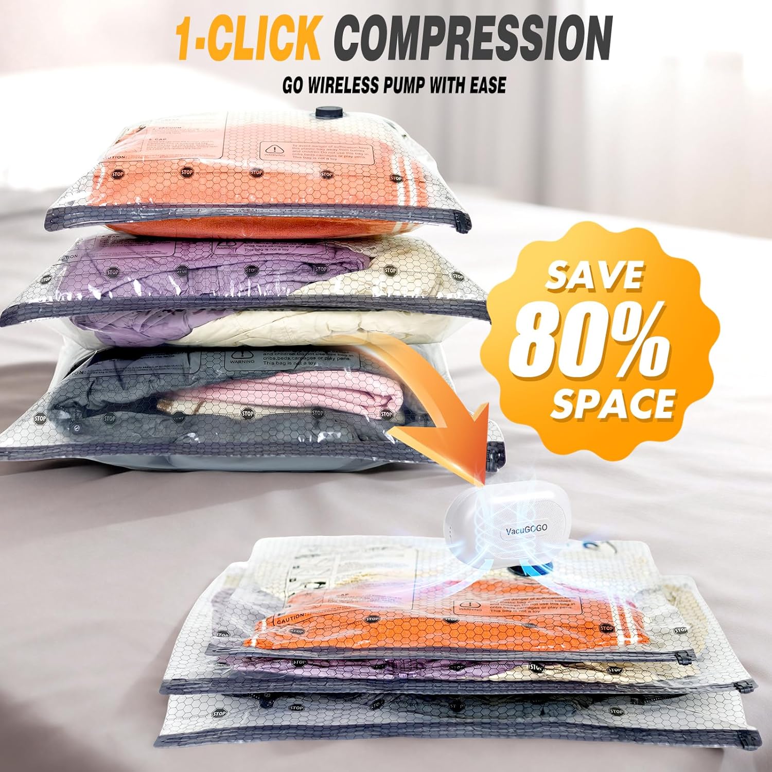 Travel Vacuum Storage Bags - Space-Saving Compression Bags with Electric Pump | Pack of 12