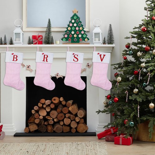 Shgngle Pink Knit Christmas Stockings Personalized, 19.5 Inches Embroidered Letter Christmas Stocking for Holiday Decorations and Xmas Gift(Initial A)