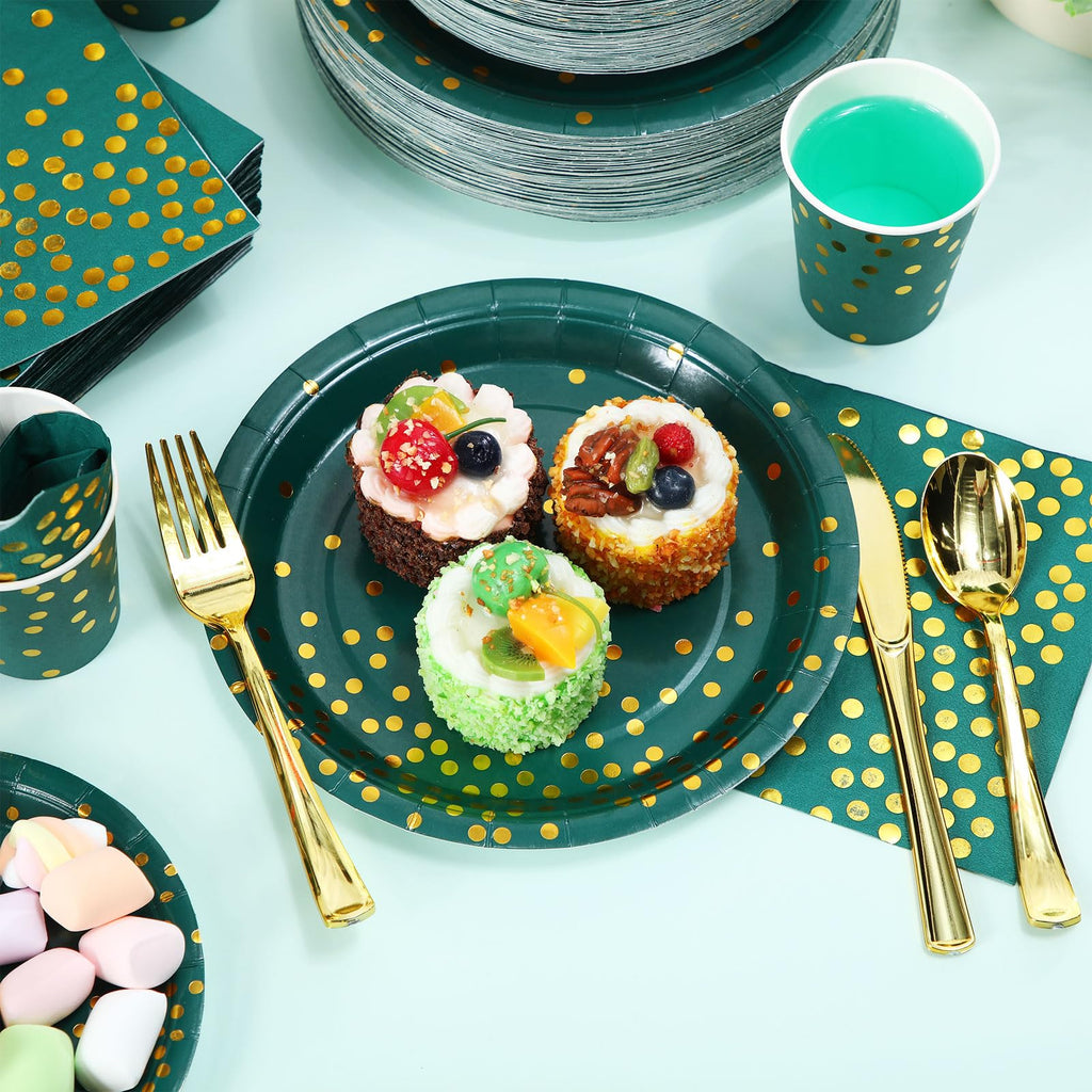Sieral 560 Pcs Dark Green and Gold Party Supplies for 80 Guests Disposable Dinnerware Sets Green Paper Plates Napkin Cups Gold Plastic Fork Knives Spoons for Wedding Graduation Birthday Party