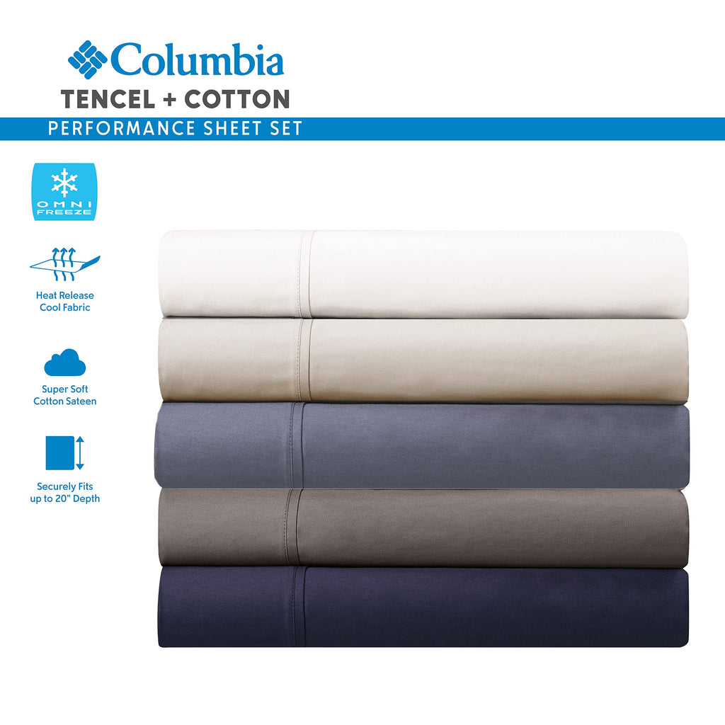 Columbia Omni Freeze Super Soft Breathable, Moisture-Wicking, Cooling Sateen Flat Sheet, Fitted Sheet, and Pillow Case Set, Luxury 3 Piece White Twin Bedsheets Set