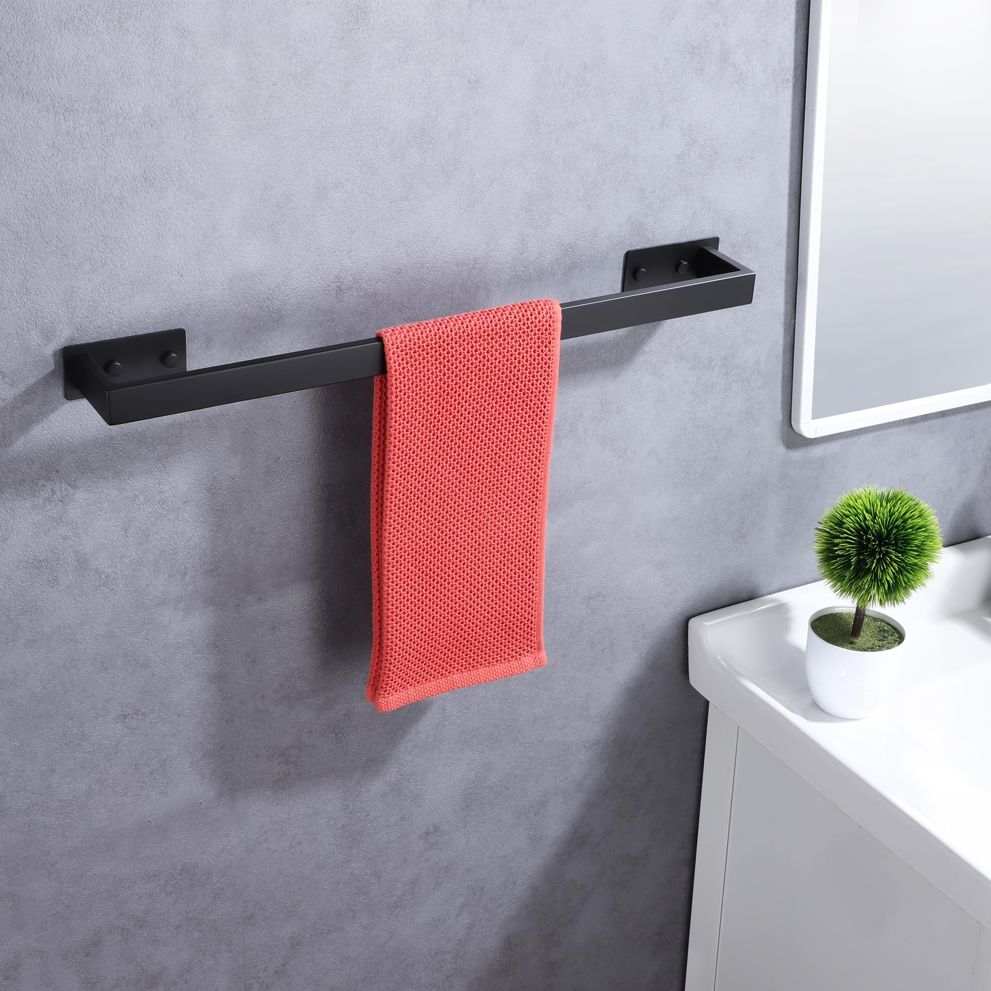LANC Matte Black 24-Inch Bath Towel Rack Self-Adhesive Bathroom Towel Bar for Wall Mounted and Drill Free Towel Rod, Sticky on Kitchen Bathroom Towel Holder Stainless Steel, A8310MB-L6