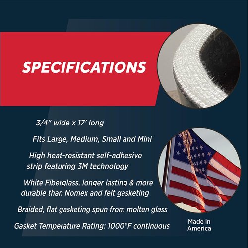 Rutland 99N17 Big Green Egg Replacement Gasket, High Temperature Clean Burn Gasket Kit, Fits XL & XXL, Fiberglass, 17 ft