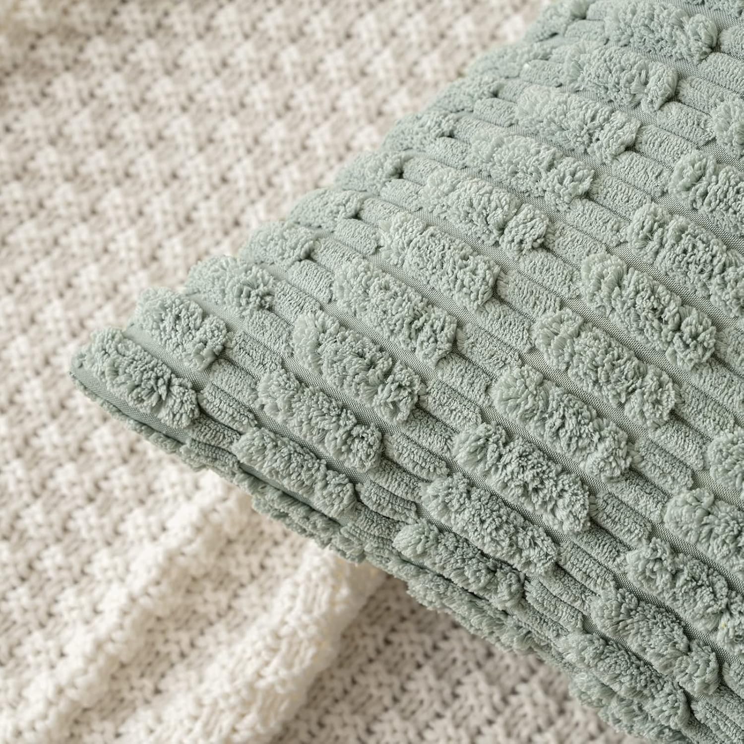 MIULEE Decorative Lumbar Pillow Covers - Soft Boho Striped Corduroy | 20x12 Inch, Greyish Green, Pack of 2