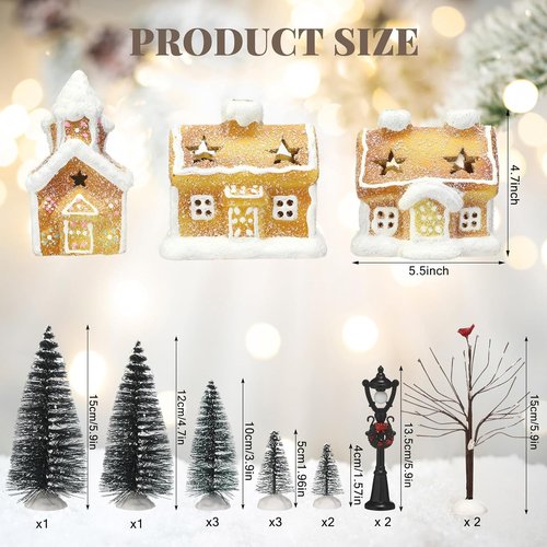 GlikCeil LED Christmas Gingerbread Village Set - 17 Pieces with Ceramic Houses, Birch Trees & Pine Trees