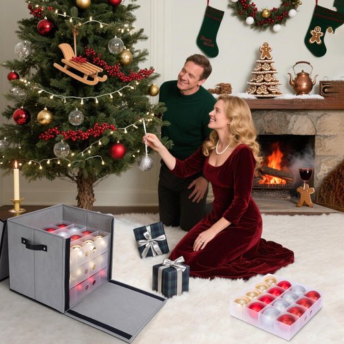BALEINE Christmas Ornament Storage Box - Premium Holiday Container with Dividers for 64 Balls | Black Hard Case