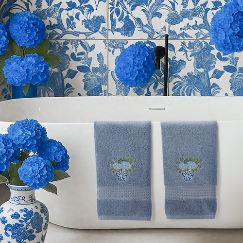 Frienda 2 Pcs Chinoiserie Vase Hydrangea Hand Towels Slate Blue Bathroom Decor 29.5x13.8 Inches Embroidered 100% Cotton Soft Absorbent Spring Summer Decorative Hand Towels for Bathroom Kitchen