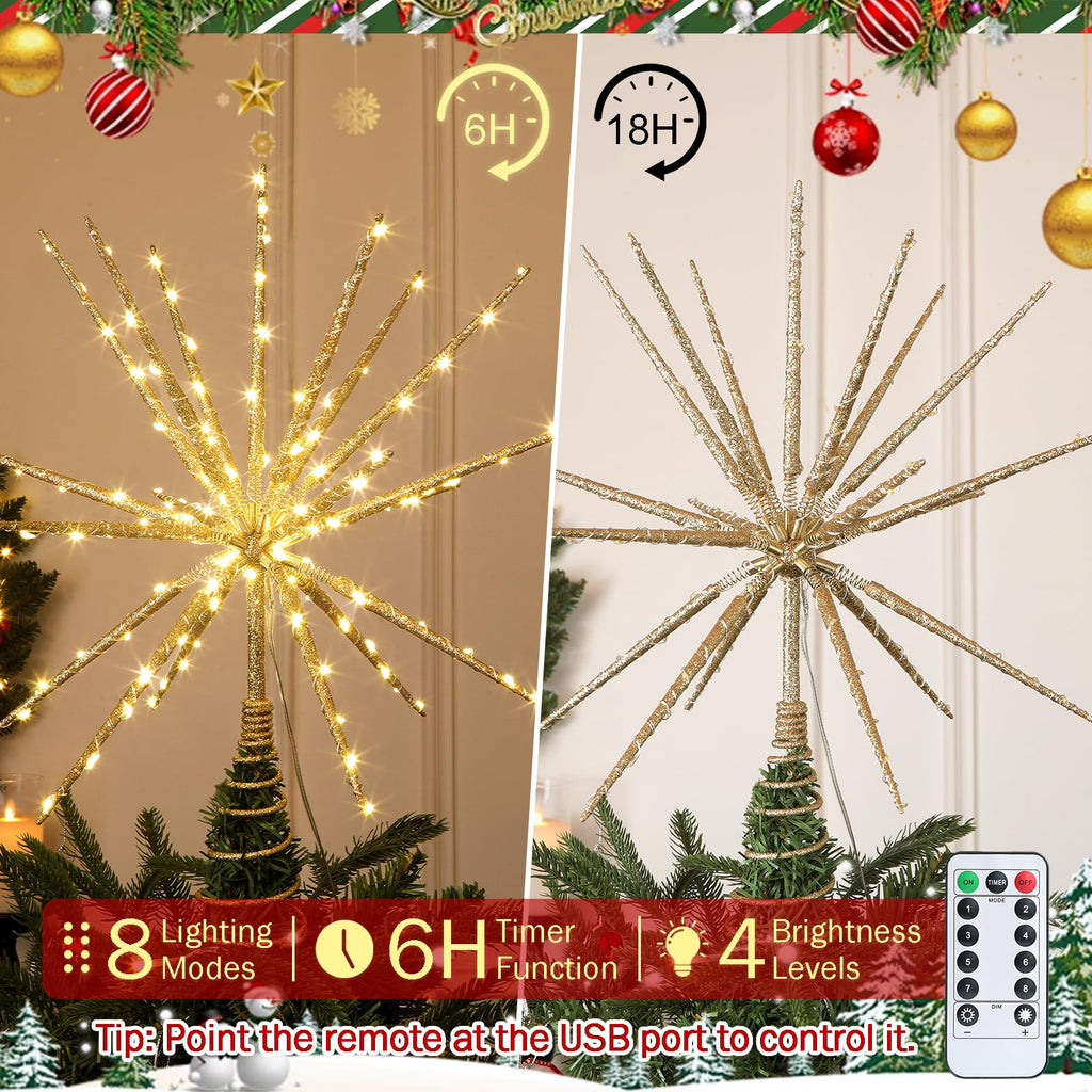 HMASYO 15 Inch Twinkling Starburst Christmas Tree Star Topper, 19-Point Gold Star Tree Topper with 150 LED, Remote Control & Timer, USB Power for Indoor Home Holiday Party Xmas Tree Decoration