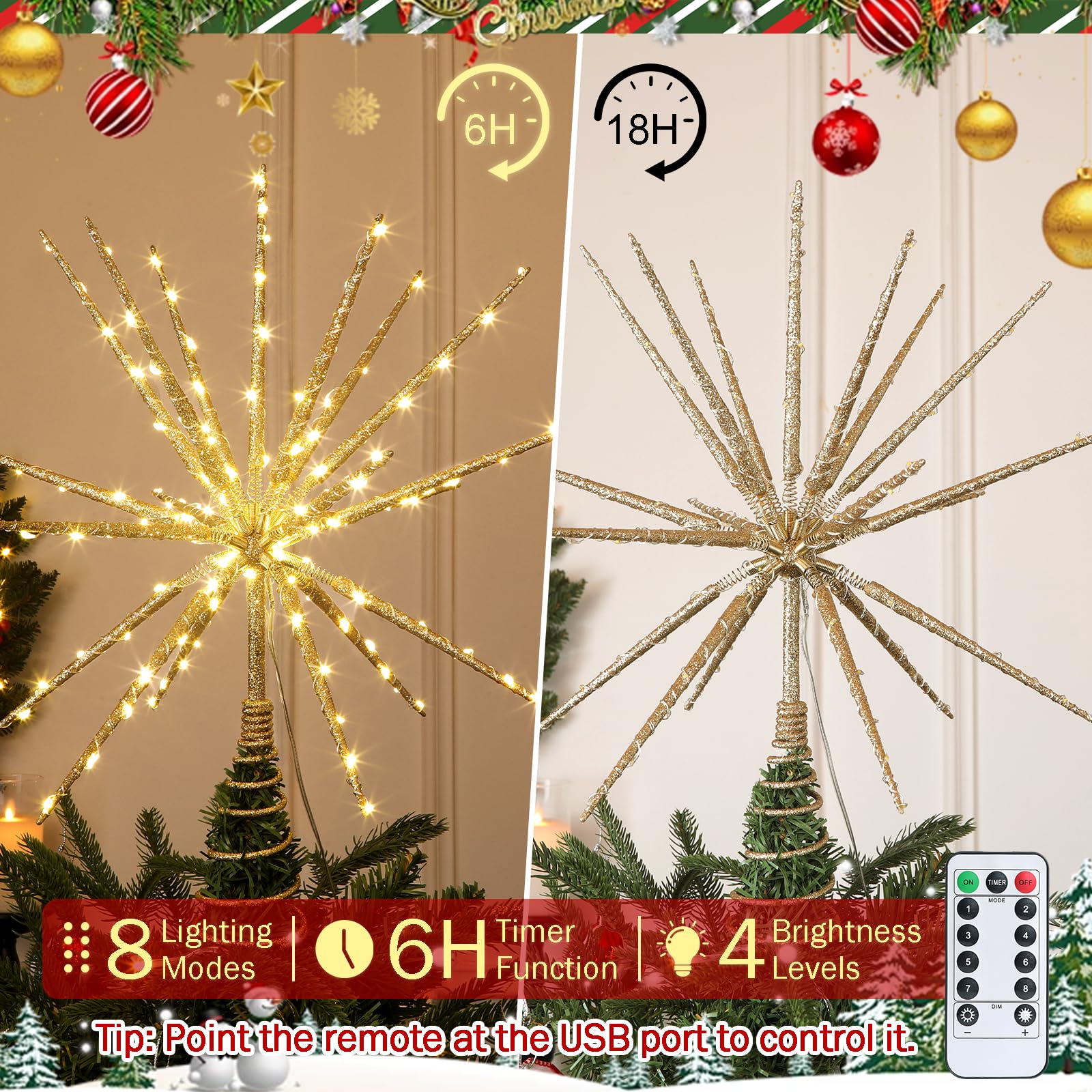HMASYO 15 Inch Twinkling Starburst Christmas Tree Star Topper, 19-Point Gold Star Tree Topper with 150 LED, Remote Control & Timer, USB Power for Indoor Home Holiday Party Xmas Tree Decoration