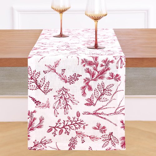 Solino Home 100% Pure Linen Table Runner 90 Inches Long - Red/White Table Runner 14 x 90 Inch - Handcrafted and Machine Washable - Winter Forest Print