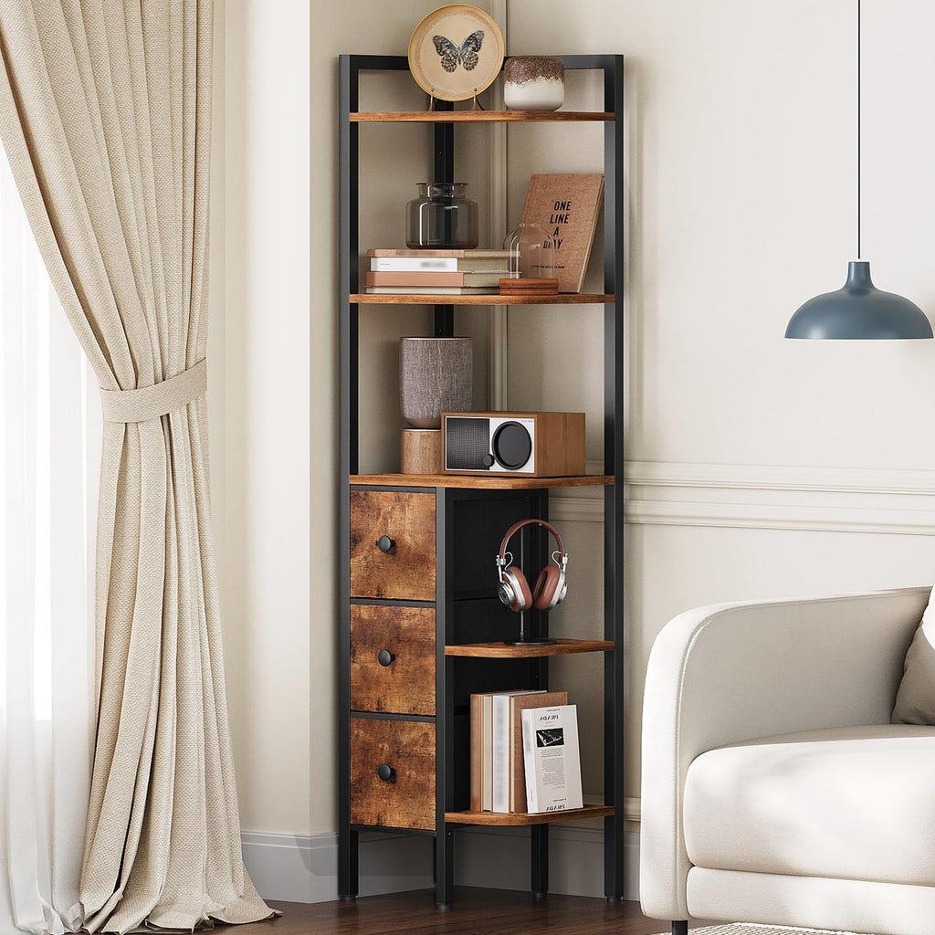 YATINEY Corner Shelf Stand, 5-Tier Corner Bookshelf with 3 Drawers, Industrial Display Shelf for Narrow Spaces, Wooden Small Bookcase, Easy Assembly, Rustic Brown and Black CJ10BR