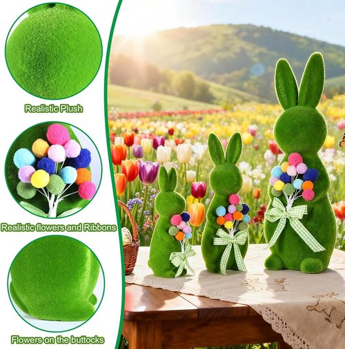 BrilliantJo Moss Bunny Figurines - Cute Spring Decor Gift Set of 3 (15", 13", 10") for Home & Garden