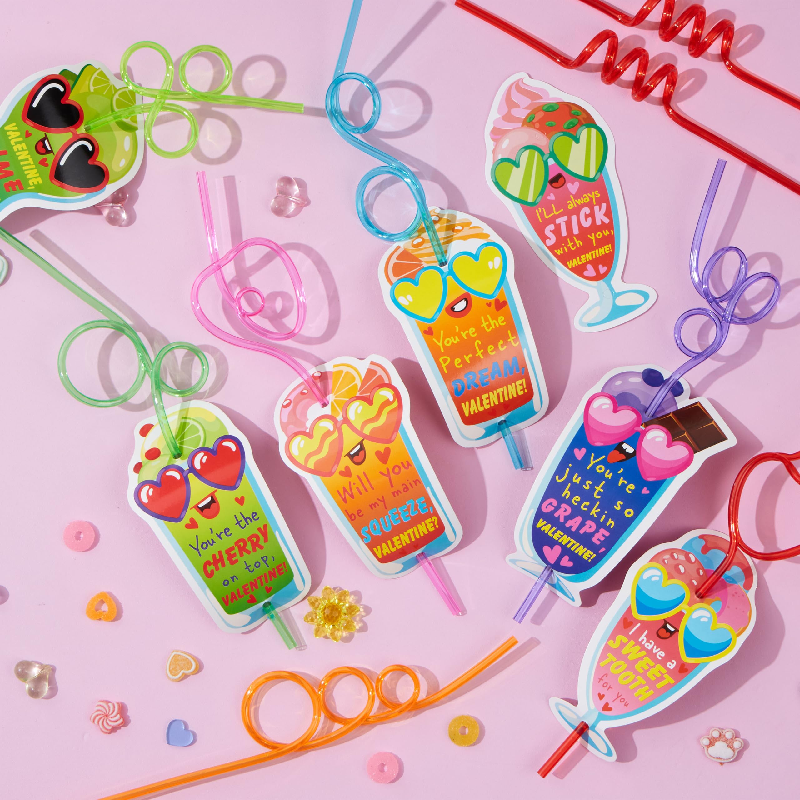 JOYIN 36 Pack Valentines Day Gift Cards with Colorful Loop Reusable Drinking Straws for Kids Valentine Party Favor, Classroom Gift Exchange, School Prizes