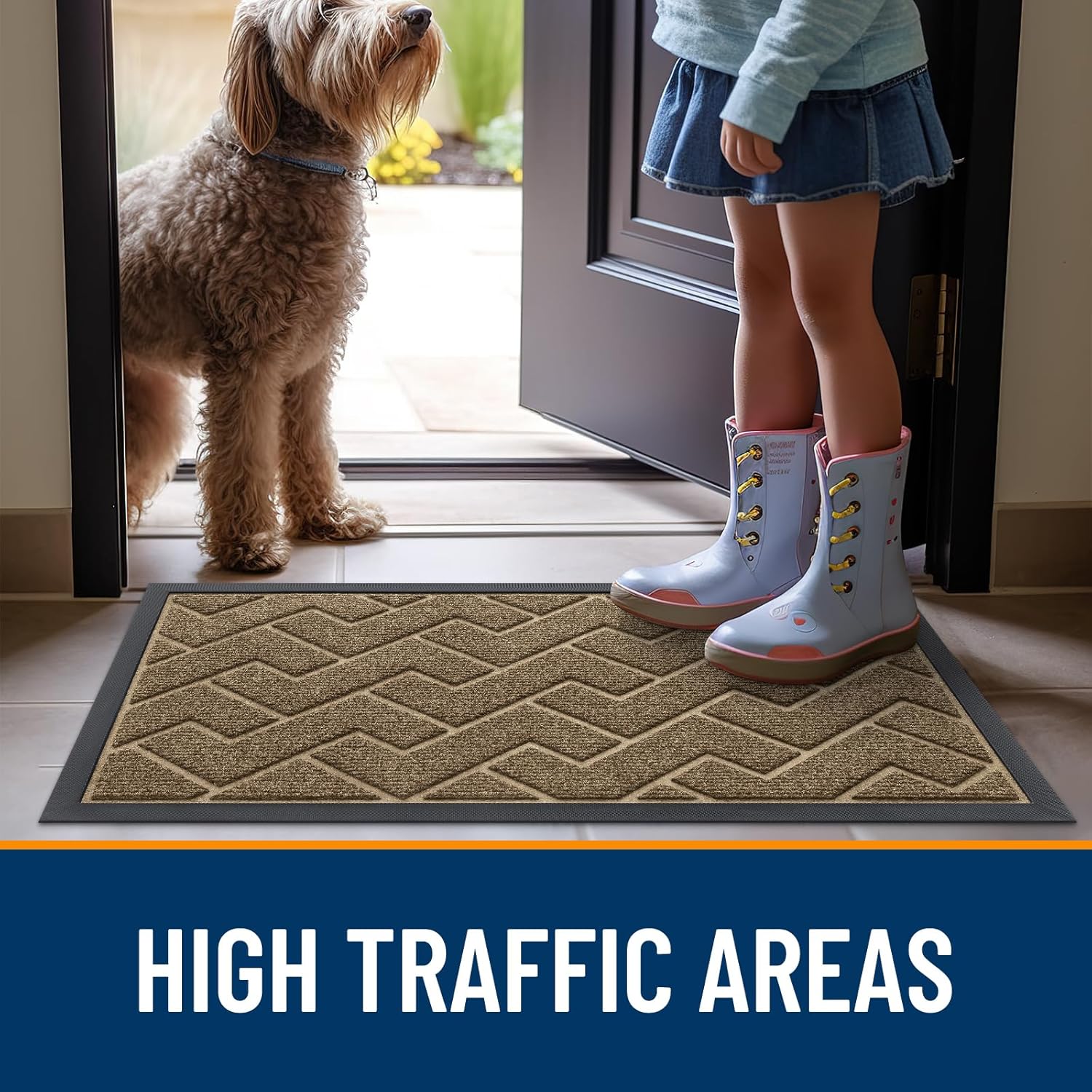 OLANLY Indoor Outdoor Front Door Mat - Waterproof All-Weather Doormat | Sturdy Rubber, Herringbone Design (Brown, 71x47)