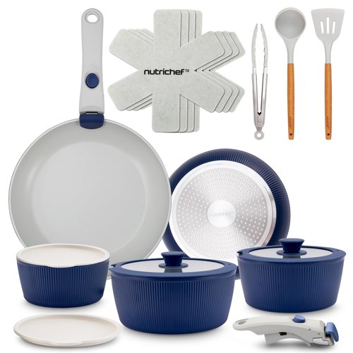NutriChef 18-Piece Ceramic Cookware Set with Detachable Handles, Space-Saving Nonstick Pots, Pans & Lids, Oven-Safe Bowls, Stackable Storage, Includes Cooking Utensils & Accessories (Blue)
