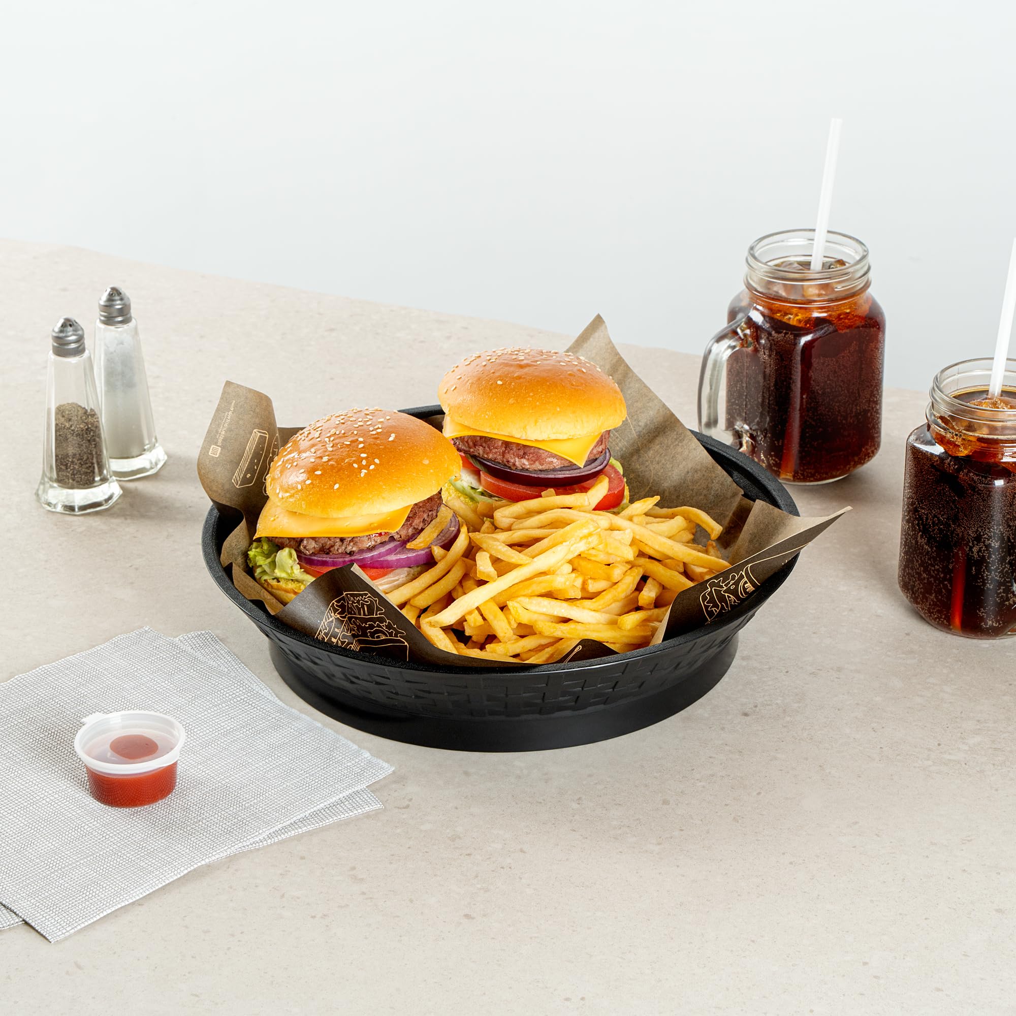 Restaurantware Round Serving Baskets 10 Pack of 12.01 x 2.36 Inch with Base Drainage Slots Microwavable Dishwashable Stackable Plastic Black Food Serving Trays for Restaurants and Catering