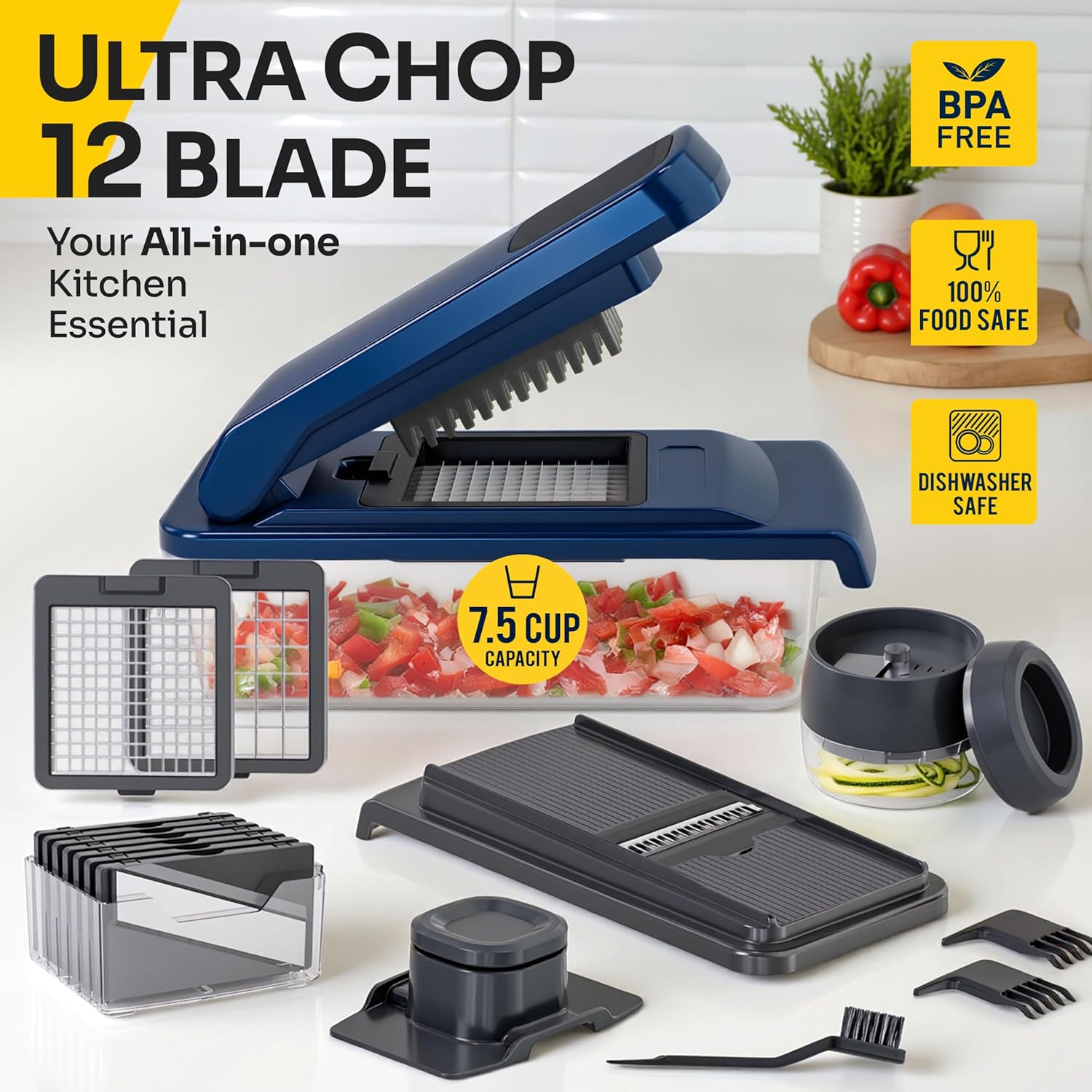 UltraChop Heavy Duty Vegetable Chopper - 12 Blades, Spiralizer & Mandoline Slicer | Blue Kitchen Essential