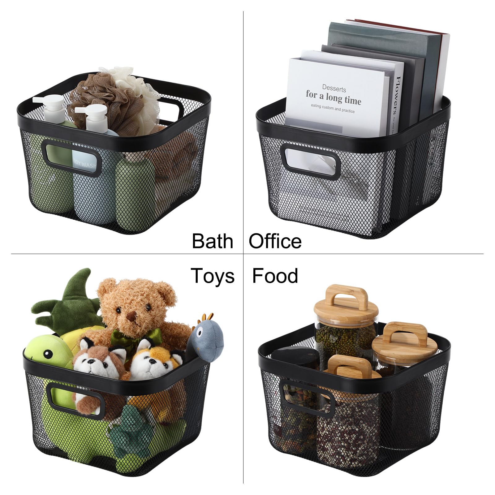 Maxdot 4 Pack Metal Mesh Steel Basket with Bamboo Lids 9.65 x 9.65 x 6.89 Inches Stackable Metal Mesh Basket with Handles Wire Storage Bin for Storage Fruits Pantry Bathroom Kitchen Cabinets Shelves