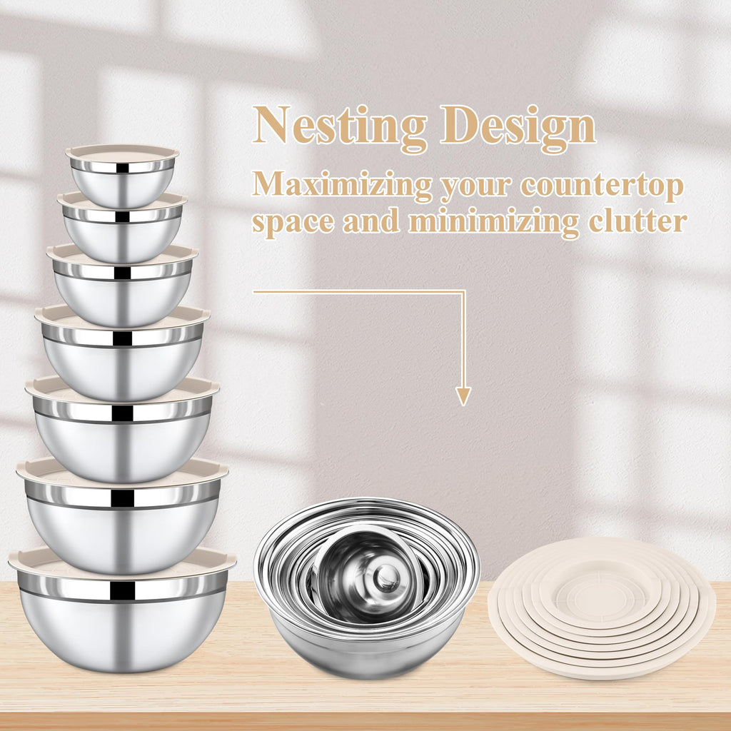 Funnydin 7 Piece Stainless Steel Mixing Bowls with Lids Set - Khaki Nesting Metal Mixing Bowls for Kitchen, Sizes 4.5, 4, 3.5, 2.1, 1.5, 1.1, 0.7 Qt for Baking, Cooking and Serving, Dishwasher Safe