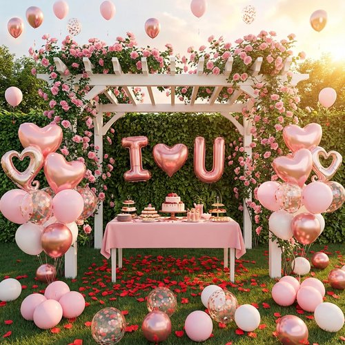 I Love You for Her/Him Balloons 87pcs Light Pink and White Rose Gold Balloon kit Include Heart Shaped Balloons and 400pcs Red Artificial Rose Petals for Romantic Hotel Decoration Valentines Party Kit
