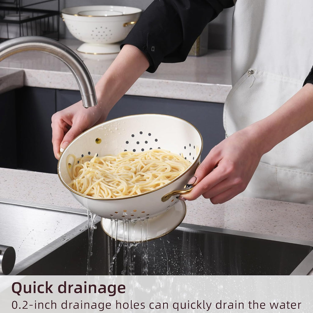Metal Colander Set - 3-Piece Strainer Basket with Handles for Spaghetti, Pasta & Vegetables | 1, 3.5 & 5 Qt (Cream)