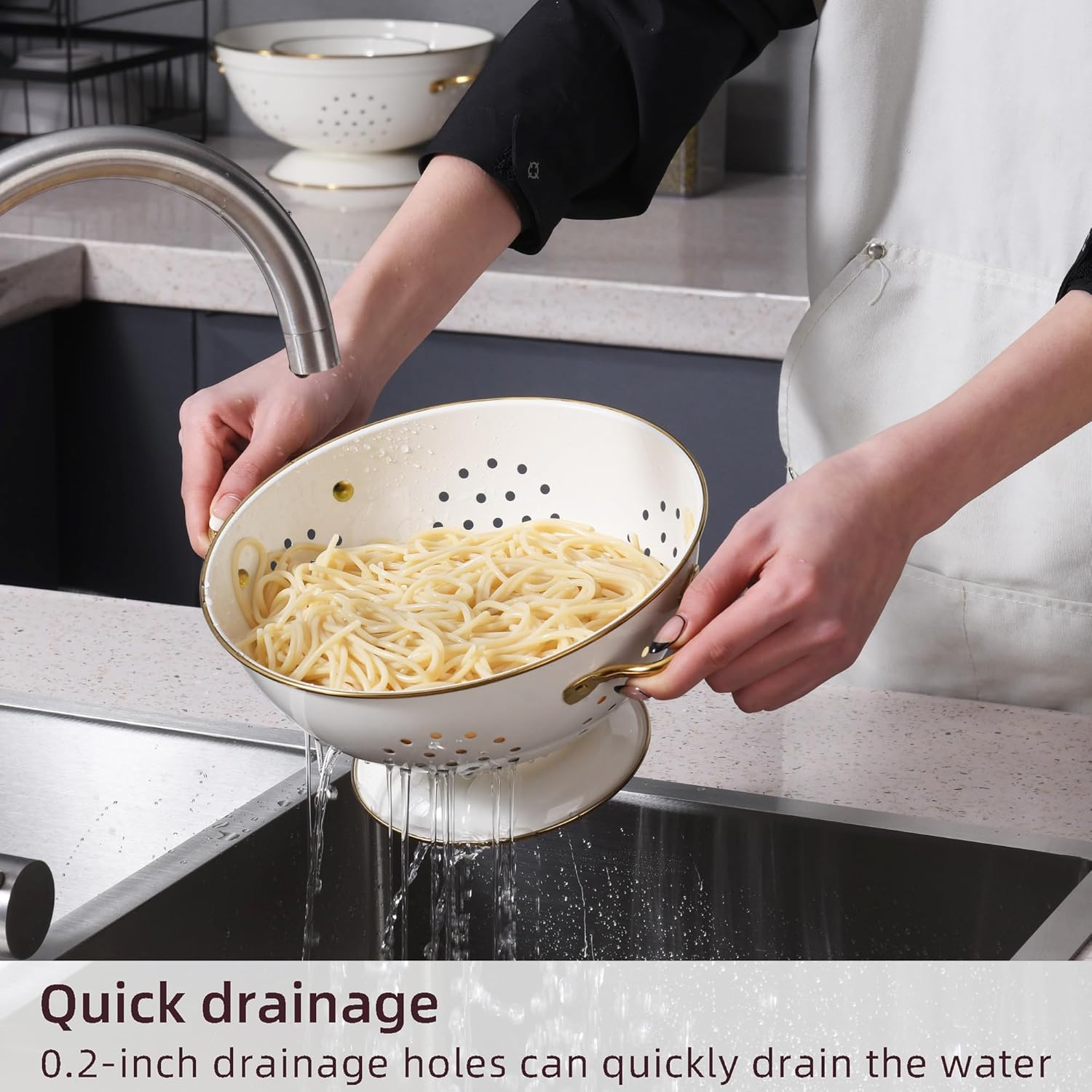 Metal Colander Set - 3-Piece Strainer Basket with Handles for Spaghetti, Pasta & Vegetables | 1, 3.5 & 5 Qt (Cream)