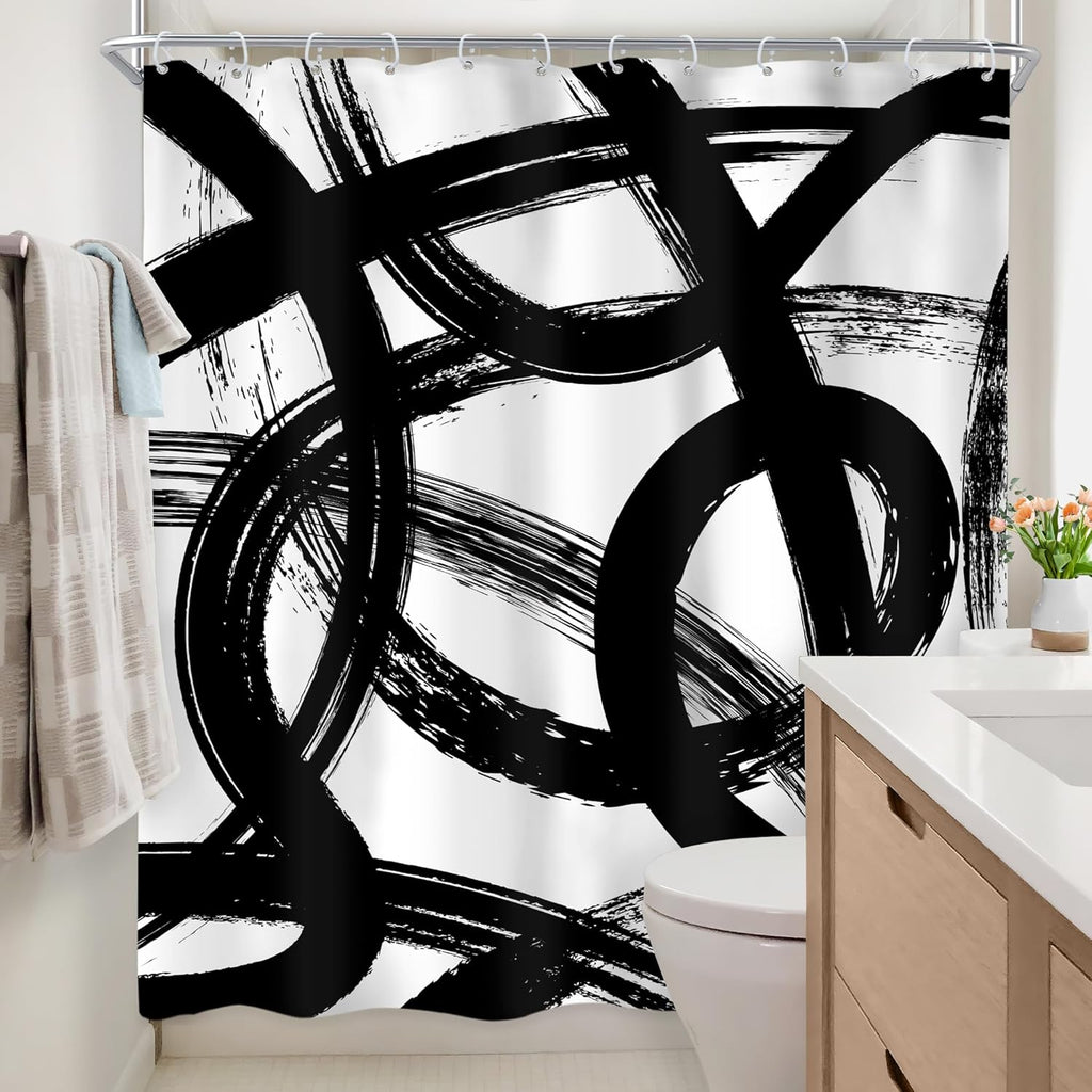 Newsely Black & White Abstract Shower Curtain - Modern Minimalist Design | 60" x 72" Waterproof Bath Decor