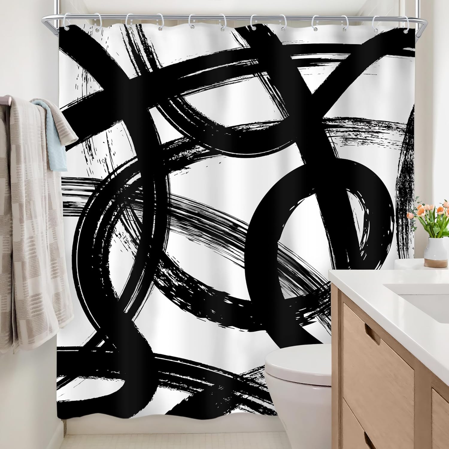 Newsely Black & White Abstract Shower Curtain - Modern Minimalist Design | 60" x 72" Waterproof Bath Decor