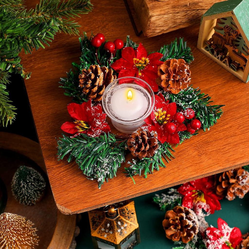 Regine Switzerland 8 Pack Christmas Poinsettia Candle Rings - Festive Table Centerpiece with Tealight Holders & Red Berries