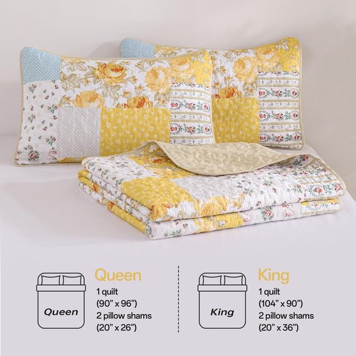 Anibedding Yellow Patchwork Quilt Set Queen Size Boho Floral Plaid Bedspread Coverlet Set, Soft Microfiber Bedding Set Summer Bed Cover, Yellow & Blue Patchwork Farmhouse Bedspread for All Season