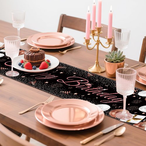 Happy Birthday Table Runner, Black and Rose Gold Party Decoration, 72 x 13 inches, Balloon and Firework Design