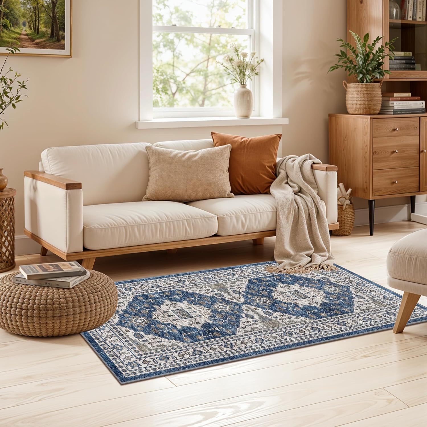 Skiennix Non-Slip Entryway Area Rug - Washable Stain Resistant Kitchen Carpet | Vintage 2x4 Blue Mat