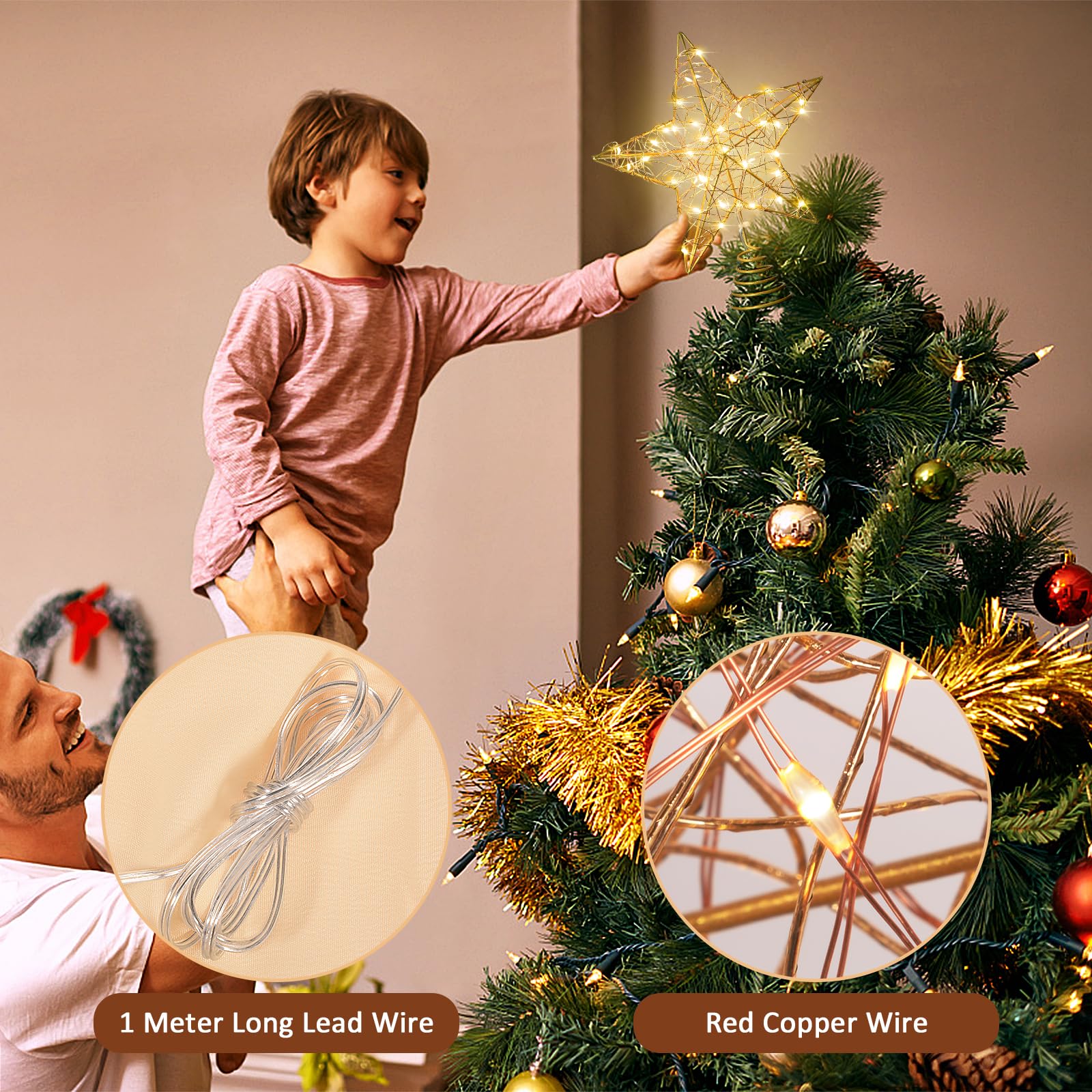 Verdenu 10'' Christmas Tree Topper Lighted in 8 Modes, Christmas Star Tree Topper with 40 LED Lights, Metal Star Tree Topper with Remote Control for Christmas Decorations, Home Decorations (Gold)