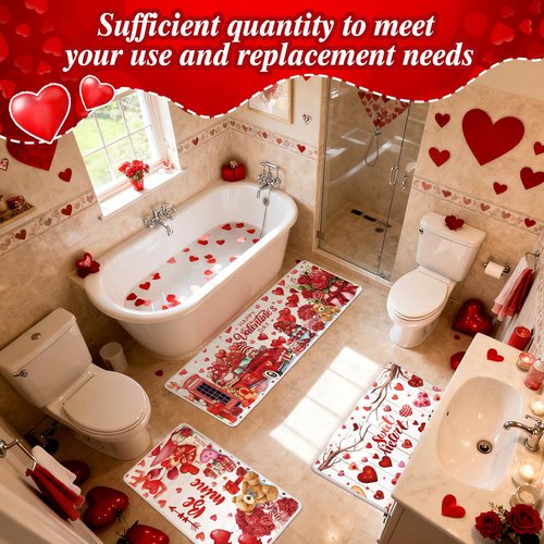 Drydiet 3 Pcs Valentine's Day Kitchen Rugs and Mats Set Love Heart Red Non Slip Rug Gnome Roses Waterproof Floor Mat for Romantic Valentines Kitchen Entrance Bar Office Home Bathroom Door Party Decor
