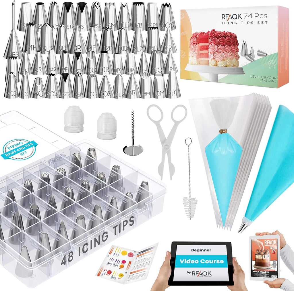 RFAQK 74-Piece Cake Decorating Kit - Icing Piping Bags & 48 Numbered Tips, Anti-Burst Design, Includes Booklet & E-Book