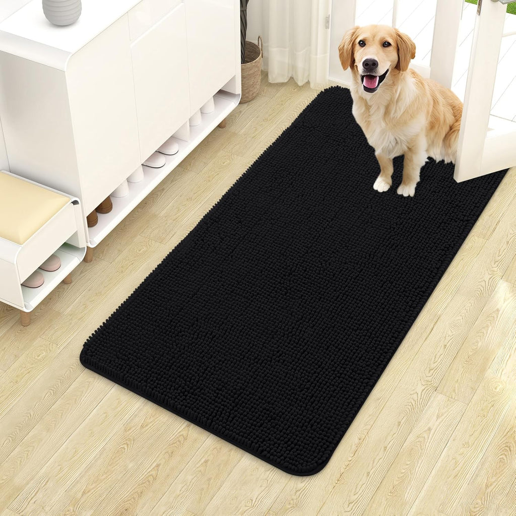 OLANLY Dog Door Mat - Absorbent Non-Slip Washable Chenille Mat for Muddy Paws | 40x24 Inches, Black
