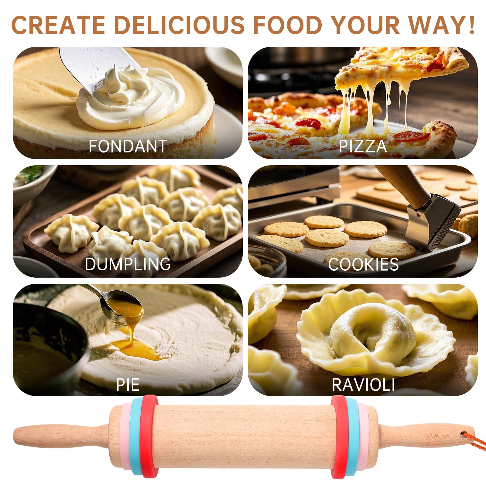 WitHlper 17" Professional Beechwood Rolling Pin for Baking – Ergonomic Handle, Heavy-Duty Dough Roller for Pizza, Pie Crust, Cookies, Pastry Tortillas – Smooth Wooden Rolling Pin with Comfort Grip