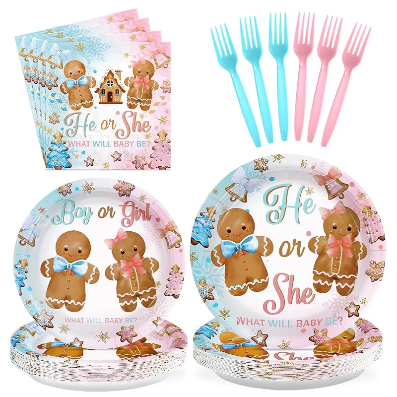 96Pcs Gingerbread Gender Reveal Party Tableware Kit – He or She Plates, Napkins & Forks, 24 Serves