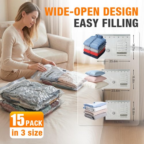 Space Saver Vacuum Storage Bags with Portable Electric Pump, Vacuum Seal Bags for Clothing Travel, Compression Bags for Travel & Home, Clothes, Blankets, Seasonal Storage, 15 Combo (5L/5M/5S)