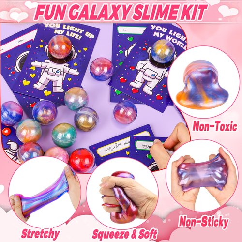 28 Pack Valentines Day Gifts for Kids Classroom, Galaxy Slime Kit Valentines Cards for Kids School Class Valentines Day Slime Fidget Toys Valentines Exchange Cards Valentines Party Favors Boys Girls