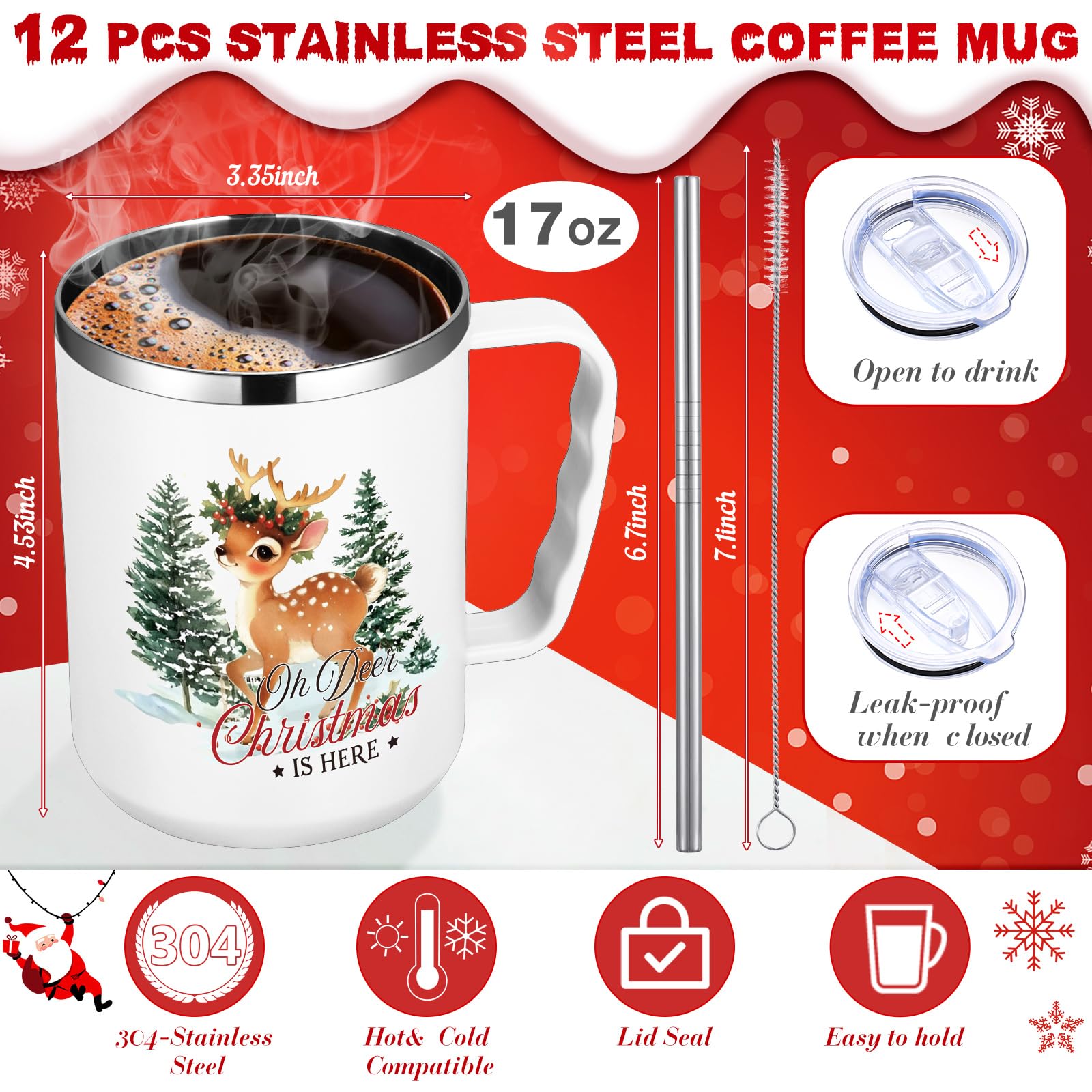 Umigy 12 Pcs Christmas Coffee Mug Employee Appreciation Gift Bulk Christmas 17oz Tumbler with Handle Vacuum Stainless Steel Insulated Xmas Cup for Coworker Nurse Teacher(White,Nostalgic Style)