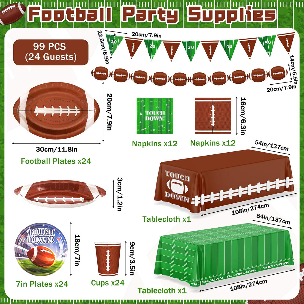 99PCS Football Party Tableware Supplies,Set of 24 Football Plates Napkins Cups,11.8in Football Shaped Disposable Paper Plates,Banner and Touchdown Tablecloth for Birthday Gameday Tailgate Decoration