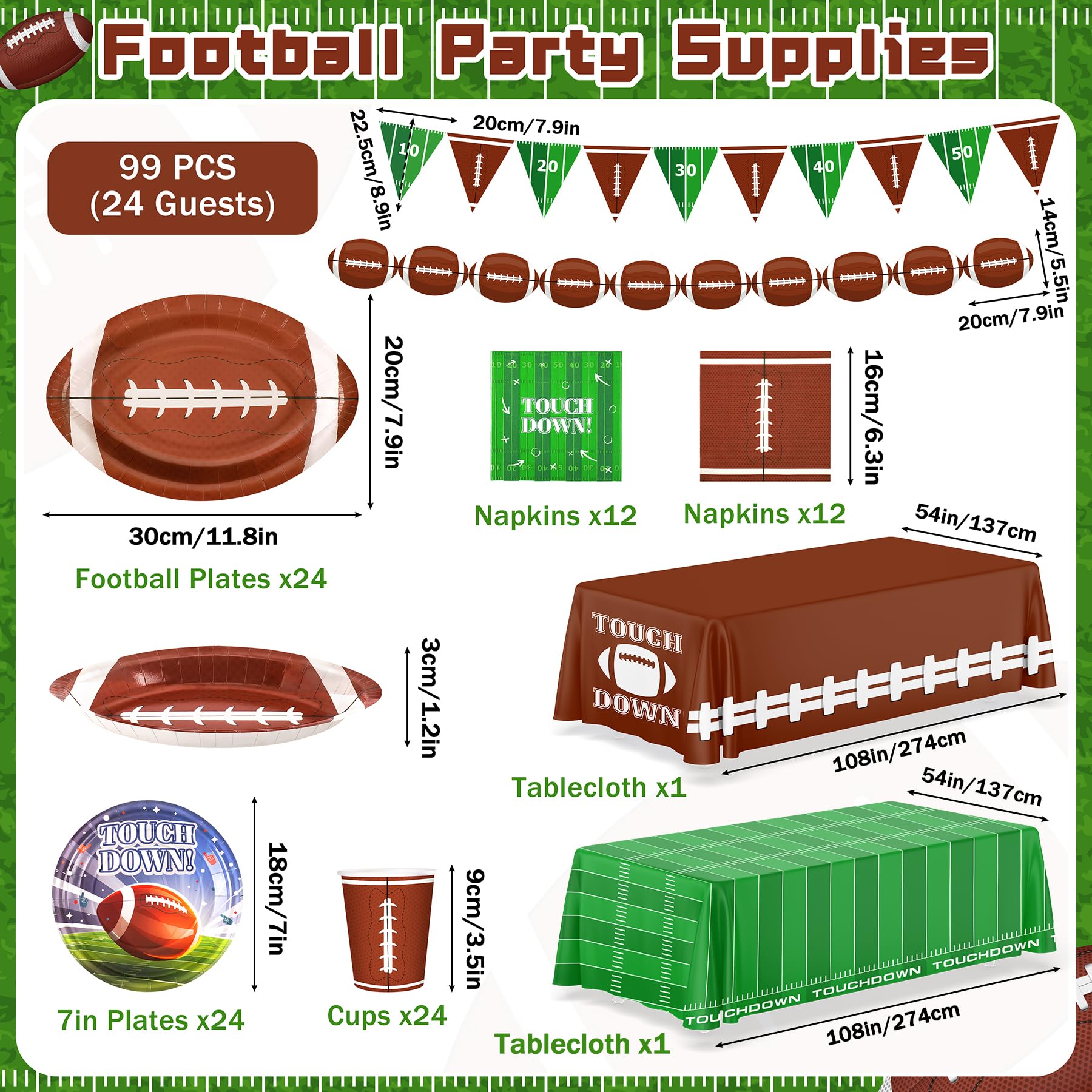 99PCS Football Party Tableware Supplies,Set of 24 Football Plates Napkins Cups,11.8in Football Shaped Disposable Paper Plates,Banner and Touchdown Tablecloth for Birthday Gameday Tailgate Decoration