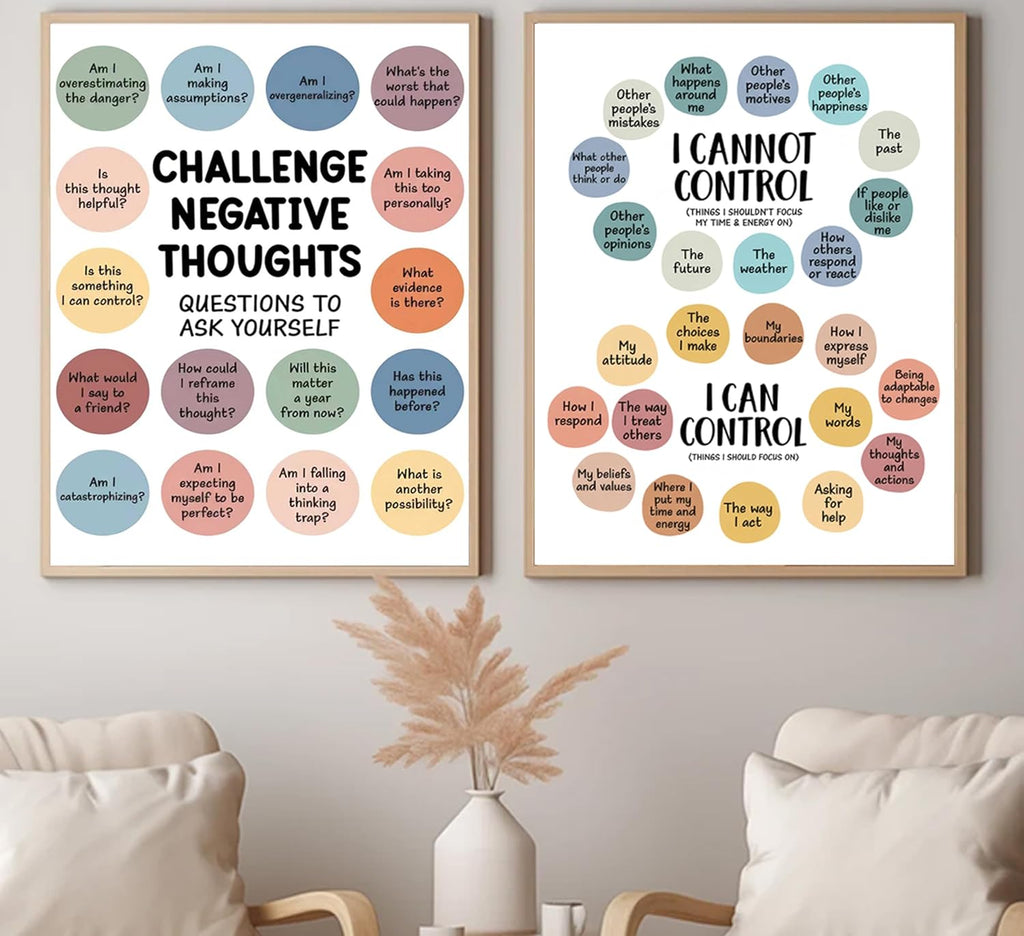 2Pcs Mental Health Wall Art - Motivational Canvas Prints for Challenging Negative Thoughts | 12x16in Unframed Decor