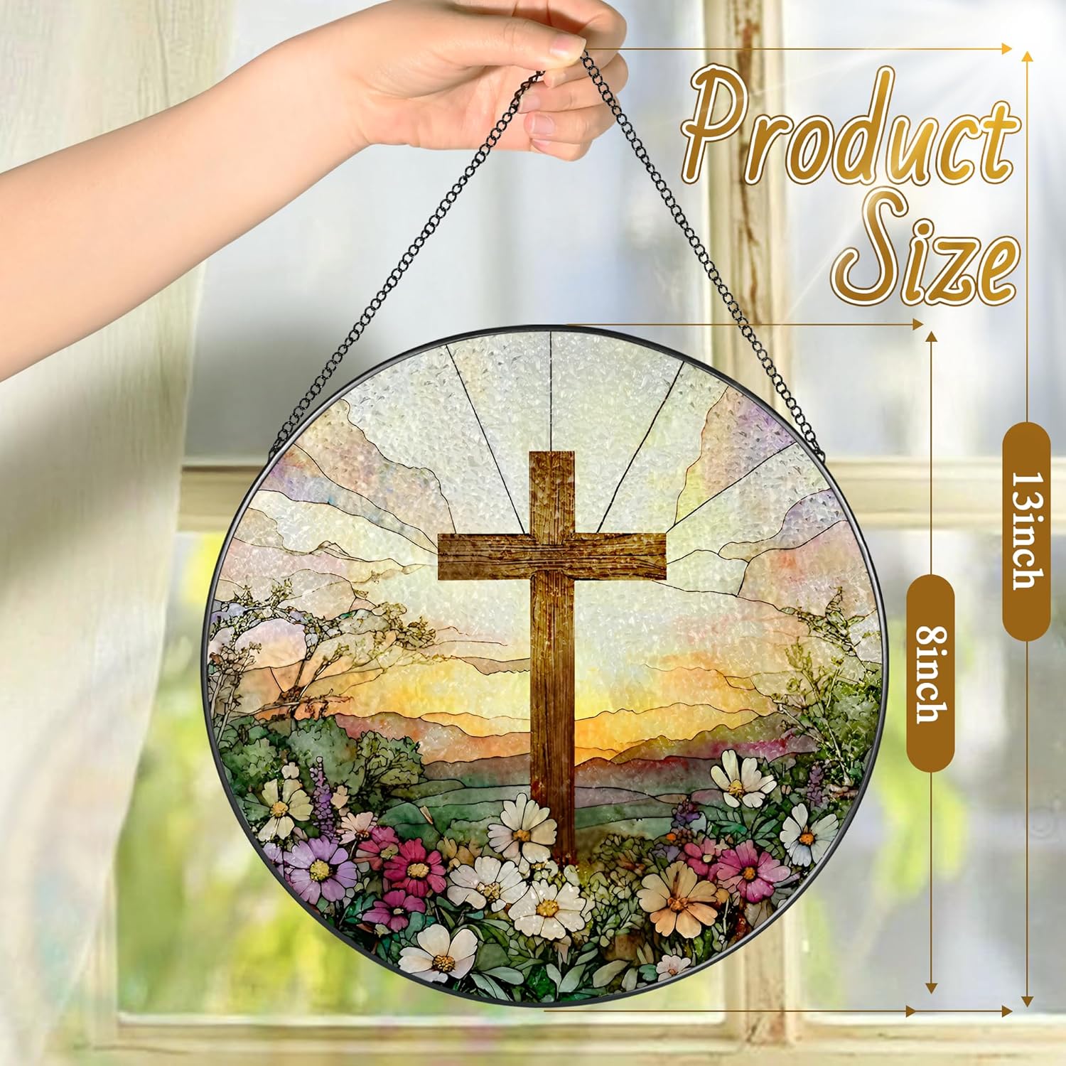 Skiennix 8-Inch Stained Glass Cross Suncatcher - Beautiful Wildflower Design for Home Decor
